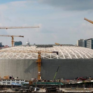 新工体部分外立面亮相 预计今年12月竣工